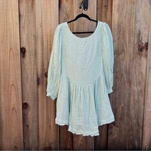 Free People Size M Mint Green Oversized Boho Tunic Mini Dress w 3/4 Sleeve